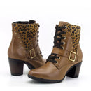Coturno Bruna Salto Alto em Couro Caramelo Animal Print
