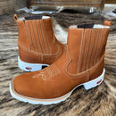 Botina Látex Solado Branco em Couro Caramelo