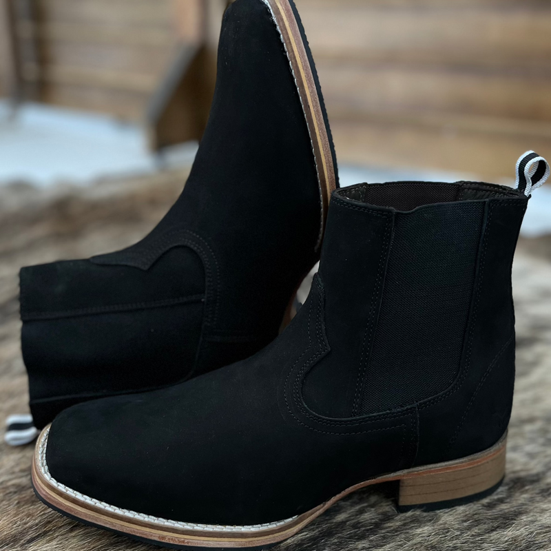 Botina Texana Em Couro Premium Nobuck Preto e Salto de Madeira