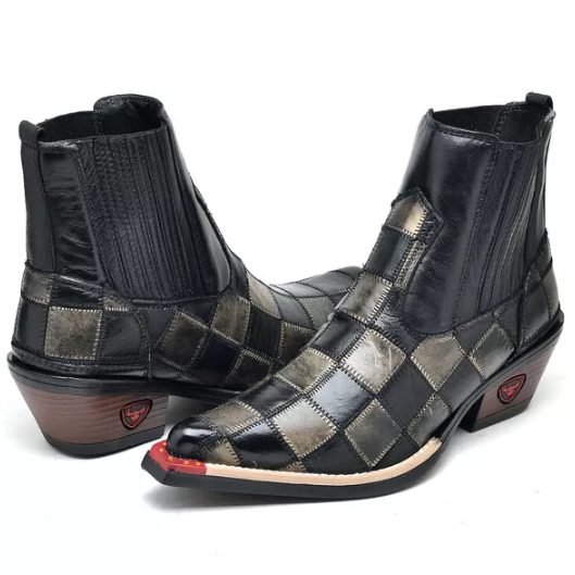 Bota Texana Cano Curto Bico Fino Reno Preto Com Palha Masculino