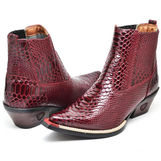 Bota Texana Cano Curto Bico Fino Brandit Jacaré Vinho Masculino