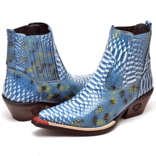 Bota Texana Cano Curto Bico Fino Brandit Jacaré Azul Masculino