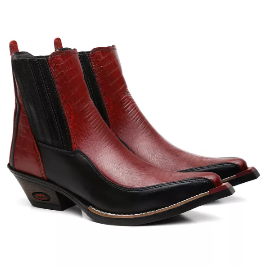 Bota Texana Cano Curto Bico Fino Brandit Jacaré Vermelho Masculino