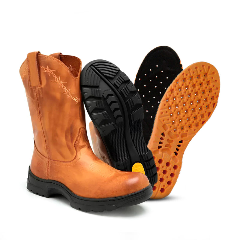 Bota Texana Arame Laranja Couro Claro Masculino+ Palmilha Especial de Alto Conforto de Brinde