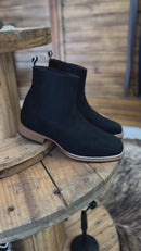 Botina Texana Em Couro Premium Nobuck Preto e Salto de Madeira